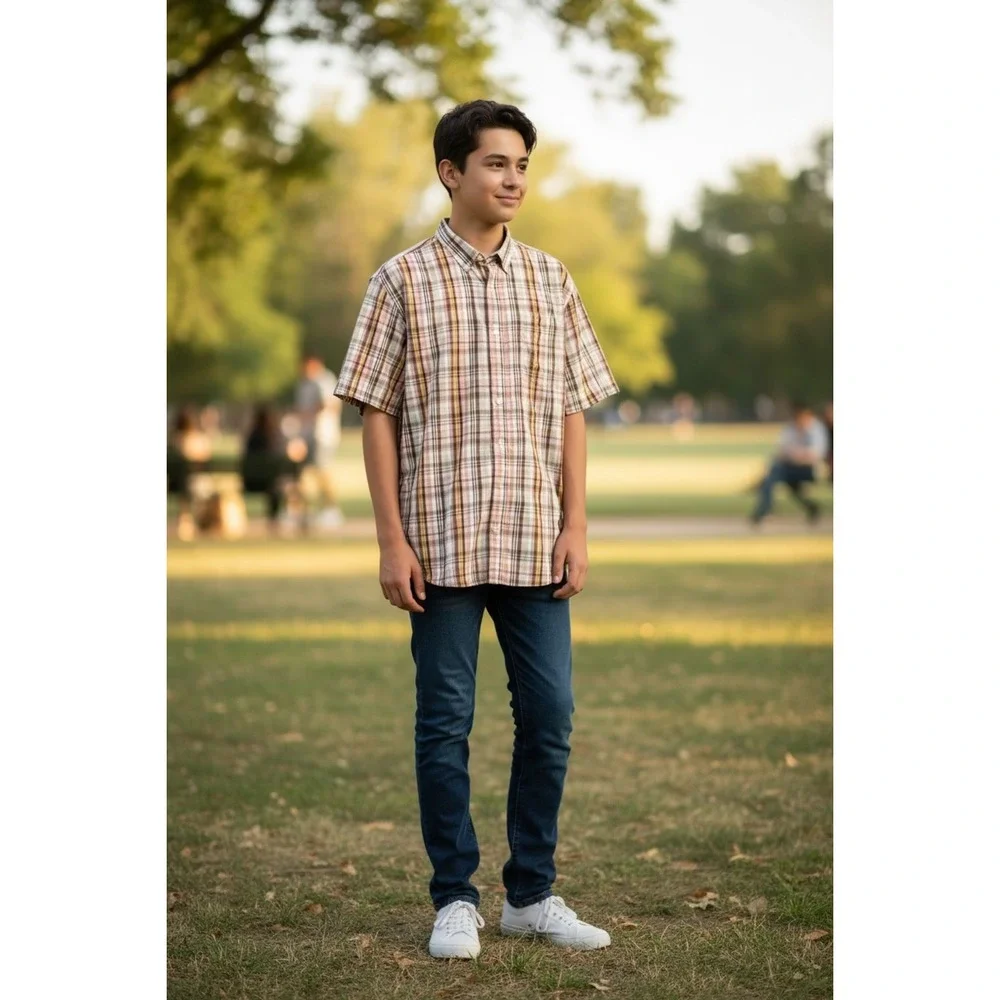 US Expedition Men's Plaid Short Sleeve‎ Shirt Size L Preppy vintage button up